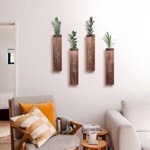 Rustic Wooden Wall Planter Wood Vase Engraved Leaf Design Set of 4